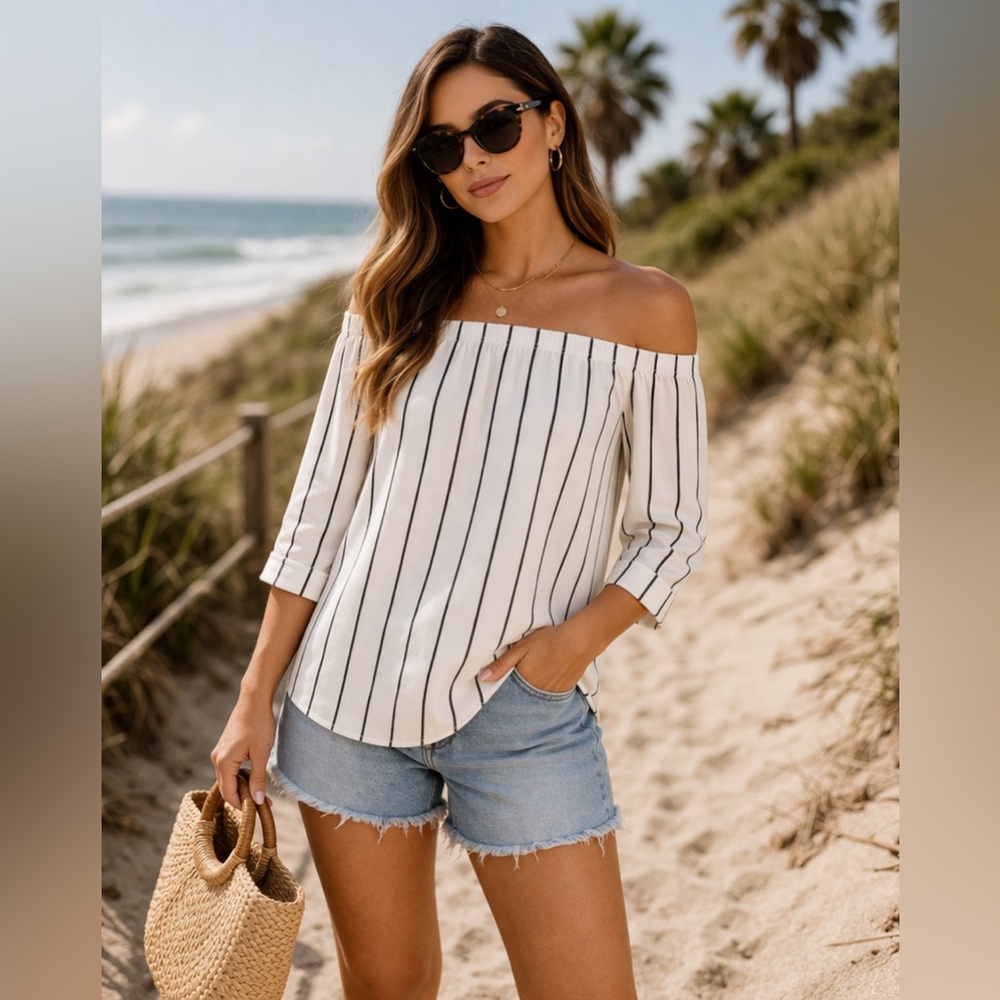 White Black Rayon Striped Off Shoulder Blouse High Low Hem 3/4 Sleeve Top Small